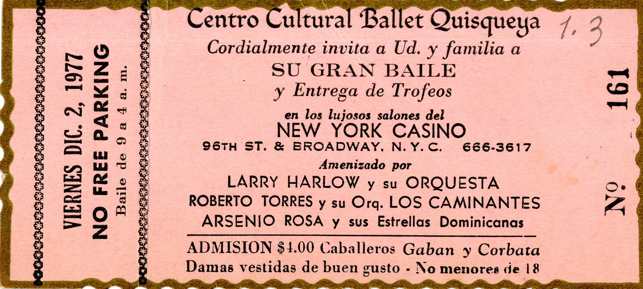 Centro Cultural Ballet Quisqueya Grand Dance Ticket, December 2, 1977