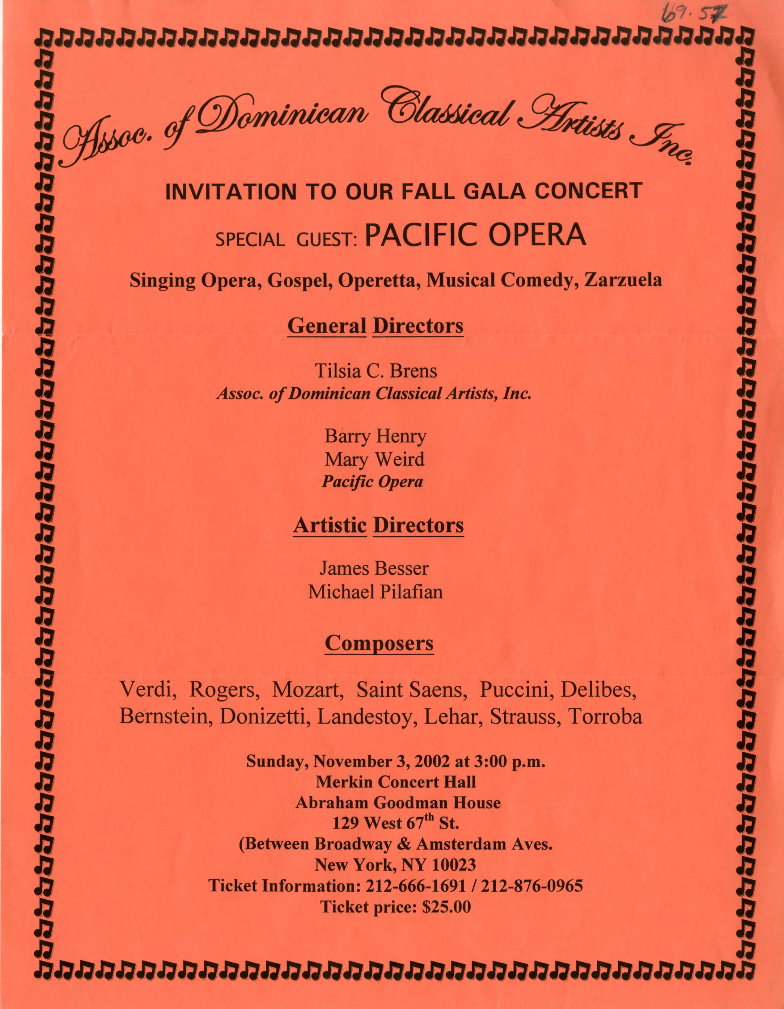 Invitation to Fall Gala Concert organized by the Association of Dominican Classical Artists, Inc. at Merkin Concert Hall, New York, November 3, 2002