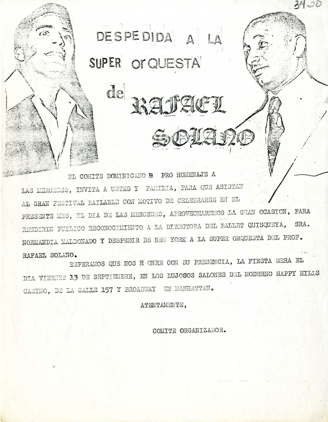 Farewell concert to the Super Orchestra of Rafael Solano Flyer, September 13, ca. 1970s