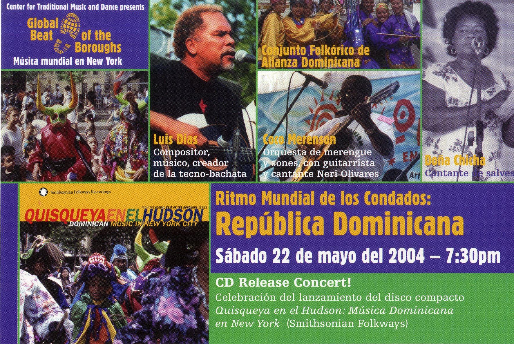 Event flyer, Quisqueya on the Hudson CD release concert featuring Doña Chicha, Luis Dias, and Coco Merenson, May 22, 2004