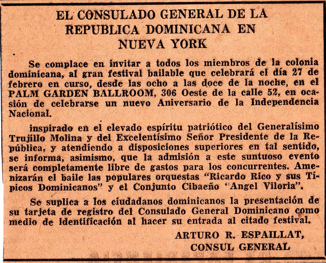 Announcement for Dominican Independence Day Celebration, Palm Garden Ballroom, February 27, 1957