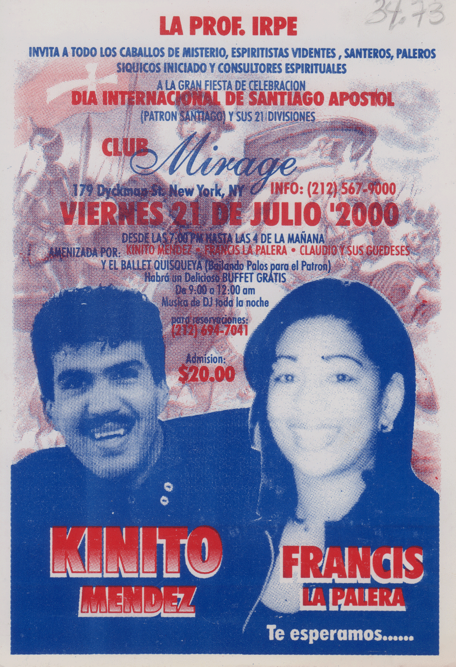 Grand Celebration in honor of the Patron Santiago Apostle and its 21 Division handbill featuring Kinito Méndez and Francis La Palera, July 21, 2000