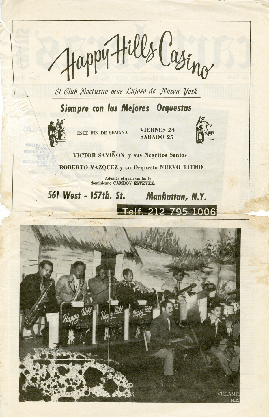 Happy Hills Casino Flyer featuring the Dominican band Víctor Saviñón y sus Negritos Santos with Dominican singer Camboy Estevez, ca. 1970s