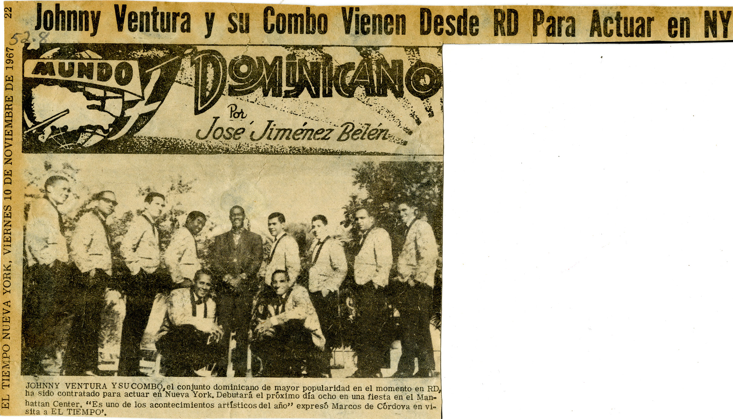 Johnny Ventura y su Combo come from DR to perform in NYC, November 10,1967