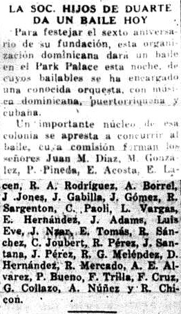 Sociedad Hijos de Duarte Announcement, Park Palace, June 6, 1936