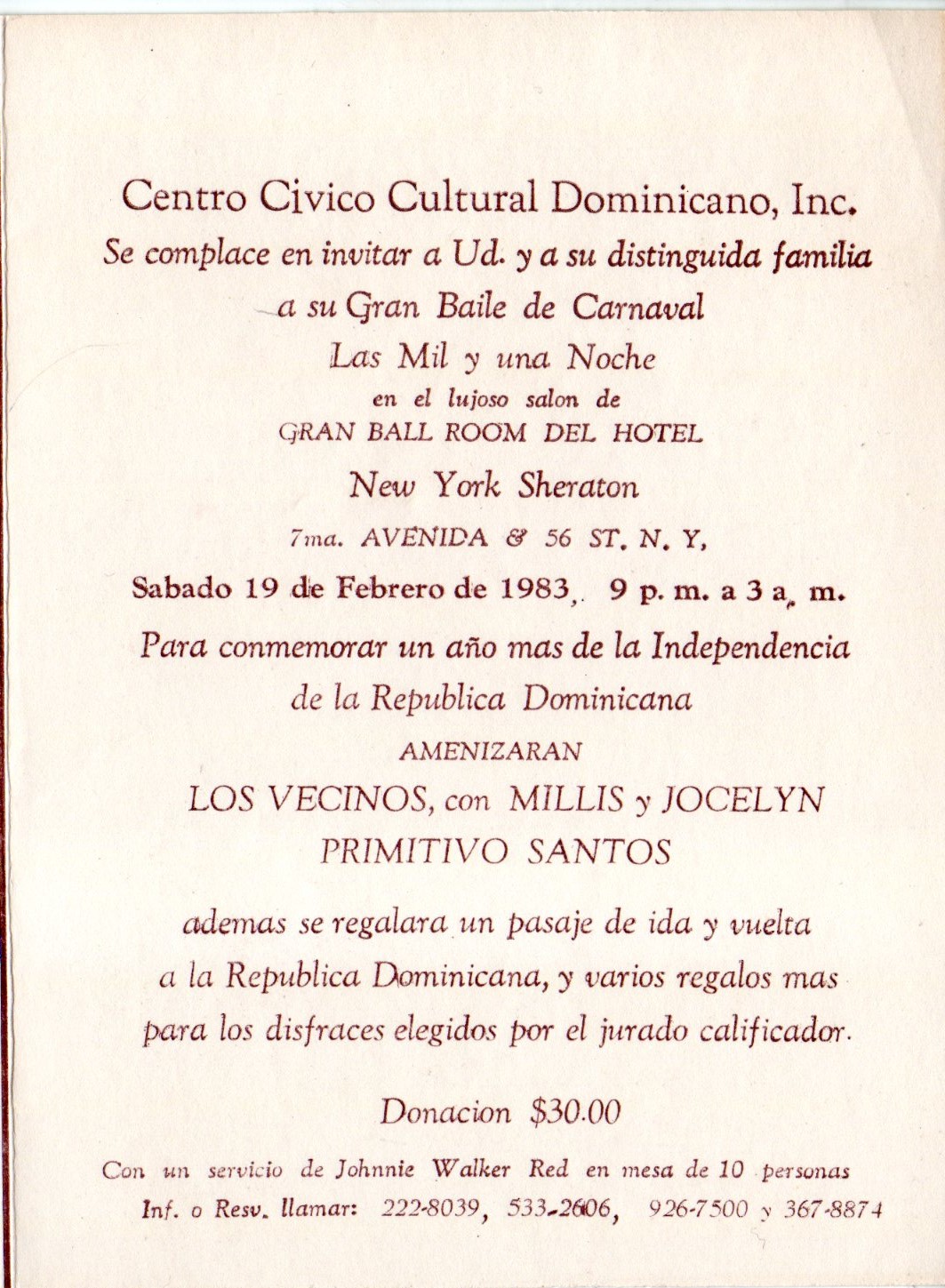 Centro Cívico Cultural Dominicano’s Great Dance Carnival Program, February 19, 1983