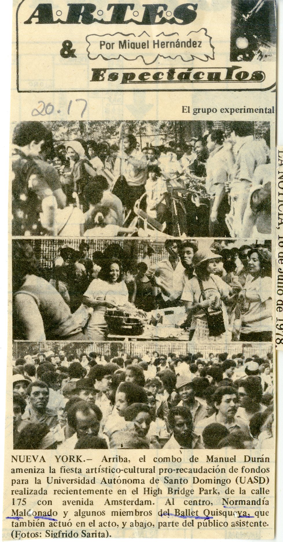 Cultural Artistic Festival Fundraiser for the Universidad Autónoma de Santo Domingo (UASD) news clipping, featuring Manuel Durán y su Orquesta and Normandía Maldonado and her Ballet Quisqueya, July 10, 1978