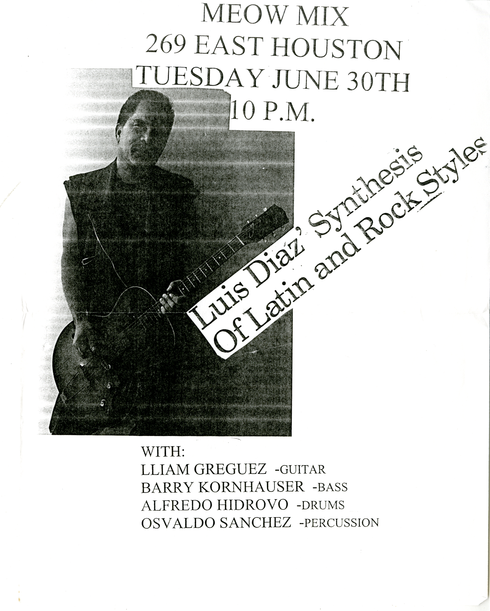 Luis Dias's Synthesis of Latin and Rock Styles at the Meow Mix, Concert Flyer, June 30, ca. 1990s