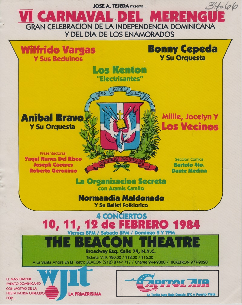 Sixth Annual Merengue Carnival Flyer, The Beacon Theater, February 10-12, 1984
