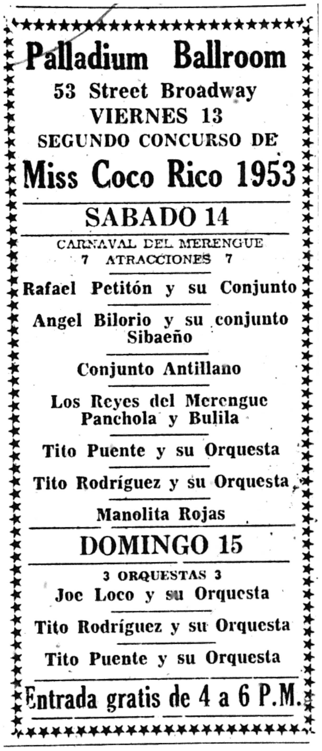 Advertisement for Merengue Carnival at Palladium Ballroom, March 14,1953