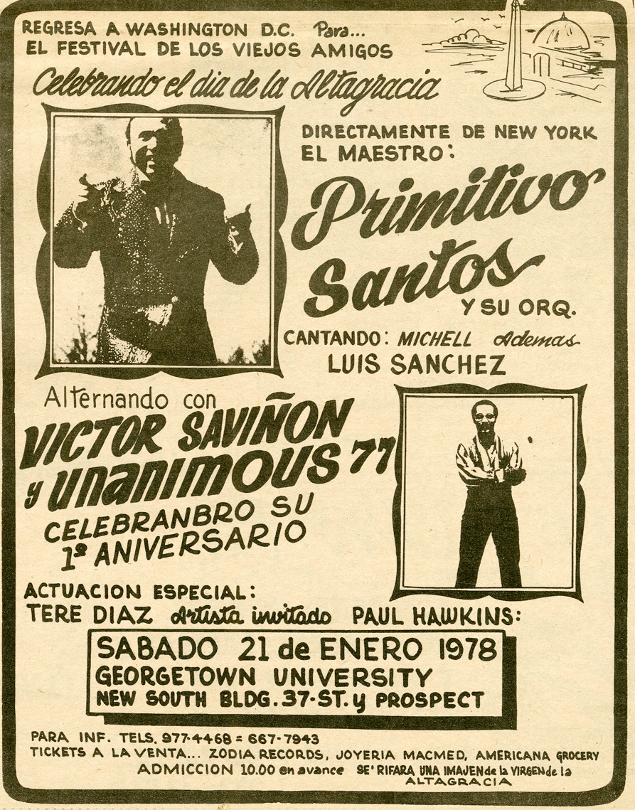 Event announcement in Latino newspaper featuring Primitivo Santos and Víctor Saviñón orchestras in Washington, D.C., 1978