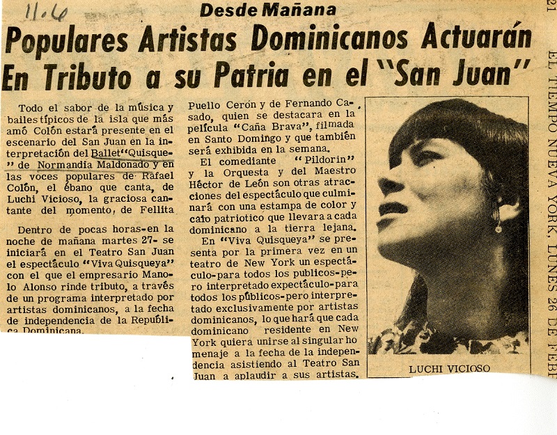 Desde Mañana Populares Artistas Dominicanos Actuarán En Tributo a su Patria en el "San Juan," 1968