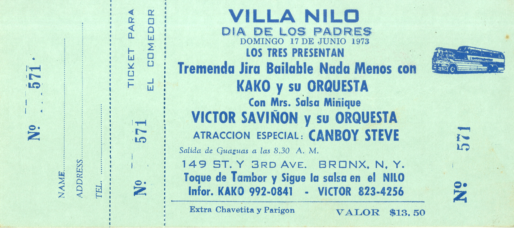 Concert Ticket for Father's Day Celebration at Villa Nilo, featuring Víctor Saviñón y su Orchestra and Camboy Estevez, June 17, 1973
