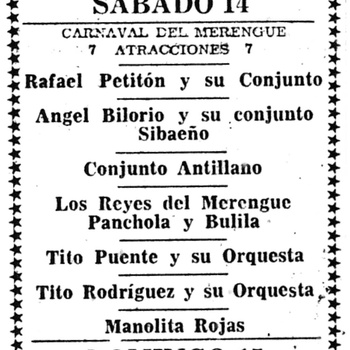 Advertisement for Merengue Carnival at Palladium Ballroom, March 14,1953