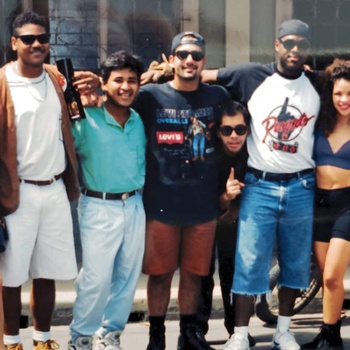 Proyecto Uno with team members, including Porfirio Piña, co-founder/manager, and unidentified fan, Venezuela, 1994